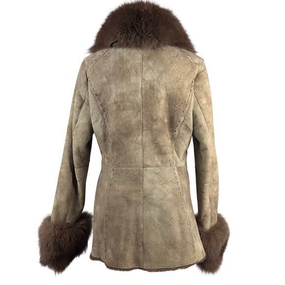 Y2K Shearling Sheepskin Penny lane Fur Leather Coat Blue Fox Trim S-M - Picture 5 of 15